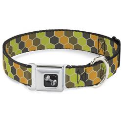 Dog Bone Black/Silver Seatbelt Buckle Collar - Honeycomb Greens/Orange