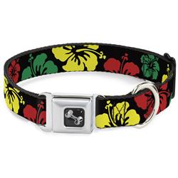 Dog Bone Black/Silver Seatbelt Buckle Collar - Hibiscus CLOSE-UP Black/Green/Yellow/Red