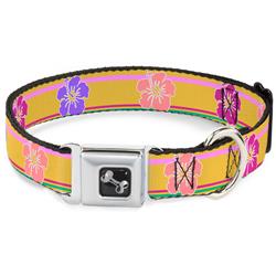 Dog Bone Black/Silver Seatbelt Buckle Collar - Hibiscus w/Stripes Gold/Multi Pastel