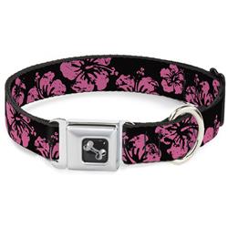 Dog Bone Black/Silver Seatbelt Buckle Collar - Hibiscus Weathered Black/Pink