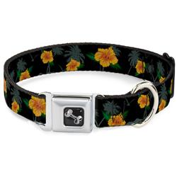 Dog Bone Black/Silver Seatbelt Buckle Collar - Hibiscus Flowers/Palm Trees Black/Green/Orange