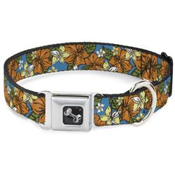 Dog Bone Black/Silver Seatbelt Buckle Collar - Hibiscus Collage Blue/Orange/Yellow