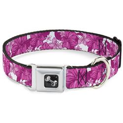 Dog Bone Black/Silver Seatbelt Buckle Collar - Hibiscus Collage White/Pinks