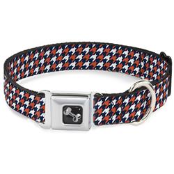 Dog Bone Black/Silver Seatbelt Buckle Collar - Houndstooth Navy/Orange/White