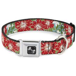 Dog Bone Black/Silver Seatbelt Buckle Collar - Hibiscus & Plumerias Turquoise/Green/Red/White