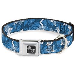 Dog Bone Black/Silver Seatbelt Buckle Collar - Hibiscus Collage White/Blues