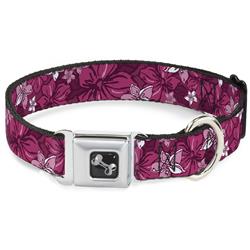 Dog Bone Black/Silver Seatbelt Buckle Collar - Hibiscus Collage Pink Shades