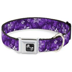 Dog Bone Black/Silver Seatbelt Buckle Collar - Hibiscus Collage Purple Shades