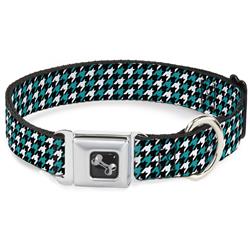 Dog Bone Black/Silver Seatbelt Buckle Collar - Houndstooth Black/White/Turquoise