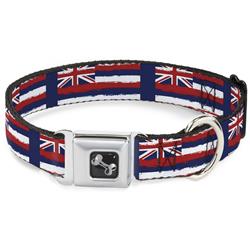 Dog Bone Black/Silver Seatbelt Buckle Collar - Hawaii Flags Weathered Blue/Red/White