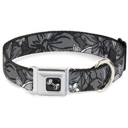 Dog Bone Black/Silver Seatbelt Buckle Collar - Hibiscus Collage Gray Shades
