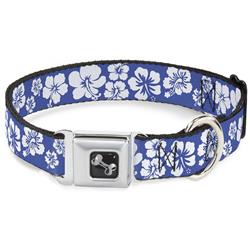 Dog Bone Black/Silver Seatbelt Buckle Collar - Hibiscus Blue/White
