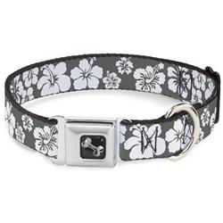 Dog Bone Black/Silver Seatbelt Buckle Collar - Hibiscus Gray/White
