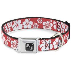 Dog Bone Black/Silver Seatbelt Buckle Collar - Hibiscus Light Red/White