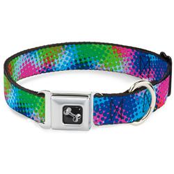 Dog Bone Black/Silver Seatbelt Buckle Collar - Halftone Dots Light Blue/Blues/Greens/Pinks