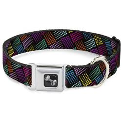 Dog Bone Black/Silver Seatbelt Buckle Collar - Halftone Blocks Charcoal/Pinks/Greens/Orange/Yellow