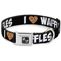 Dog Bone Black/Silver Seatbelt Buckle Collar - I Heart Waffles Text