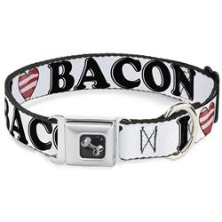 Dog Bone Black/Silver Seatbelt Buckle Collar - I "HEART" BACON Text Black/White/Red