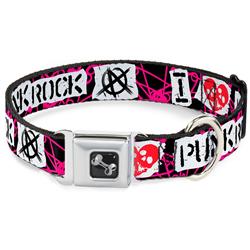 Dog Bone Black/Silver Seatbelt Buckle Collar - I Heart Punk Rock w/Safety Pins Black/Fuchsia/White