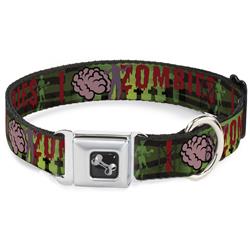 Dog Bone Black/Silver Seatbelt Buckle Collar - I "Brain" ZOMBIES Black/Green/Red