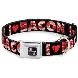 Dog Bone Black/Silver Seatbelt Buckle Collar - I "Heart" BACON Black/Bacon