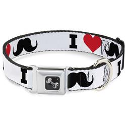Dog Bone Black/Silver Seatbelt Buckle Collar - I "Heart Mustache" White/Black/Red
