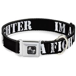 Dog Bone Black/Silver Seatbelt Buckle Collar - I'M A FIGHTER Black/White