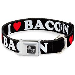 Dog Bone Black/Silver Seatbelt Buckle Collar - I "HEART" BACON Black/White/Red