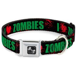 Dog Bone Black/Silver Seatbelt Buckle Collar - I "HEART" ZOMBIES Black/Green/Red Splatter