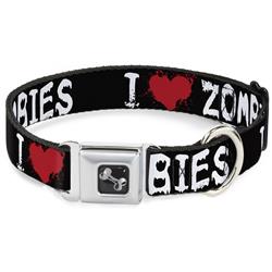 Dog Bone Black/Silver Seatbelt Buckle Collar - I "Heart" ZOMBIES Bloody Splatter Black/White/Red