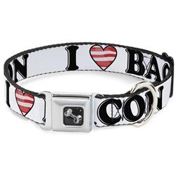 Dog Bone Black/Silver Seatbelt Buckle Collar - I "Heart" BACON White/Black/Bacon