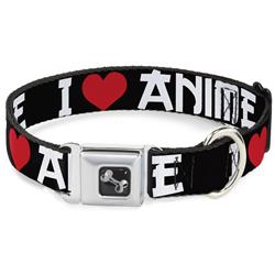 Dog Bone Black/Silver Seatbelt Buckle Collar - I "Heart" ANIME Bold Black/White/Red