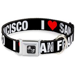 Dog Bone Black/Silver Seatbelt Buckle Collar - I "HEART" SAN FRANCISCO Black/White/Red