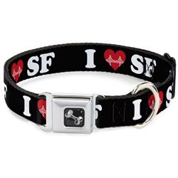 Dog Bone Black/Silver Seatbelt Buckle Collar - I "HEART BRIDGE" SF Black/White/Red
