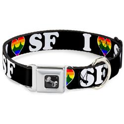 Dog Bone Black/Silver Seatbelt Buckle Collar - I "HEART BRIDGE" SF Black/White/Rainbow
