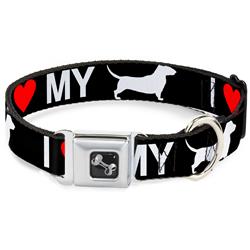 Dog Bone Black/Silver Seatbelt Buckle Collar - I "HEART" MY "WIENER" Dog Silhouette Black/White/Red