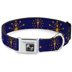 Dog Bone Black/Silver Seatbelt Buckle Collar - Indiana Flag/Torch CLOSE-UP Navy Blue/Gold
