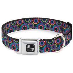 Dog Bone Black/Silver Seatbelt Buckle Collar - Jagged Rings Teals/Fuchsia/Yellow