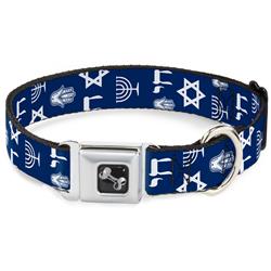 Dog Bone Black/Silver Seatbelt Buckle Collar - Jewish Symbols-4 Blue/White