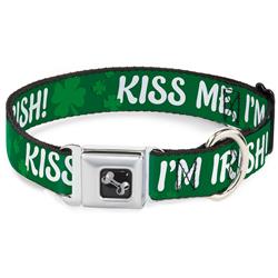 Dog Bone Black/Silver Seatbelt Buckle Collar - KISS ME, I'M IRISH! Clovers Green/White