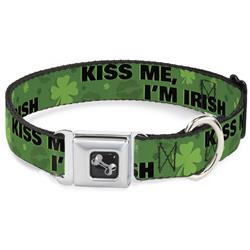 Dog Bone Black/Silver Seatbelt Buckle Collar - KISS ME, I'M IRISH! Clovers/Kisses Greens/Black