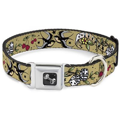 Dog Bone Black/Silver Seatbelt Buckle Collar - Lucky Tan