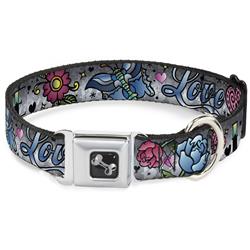 Dog Bone Black/Silver Seatbelt Buckle Collar - Love Love Gray