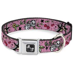 Dog Bone Black/Silver Seatbelt Buckle Collar - Lucky CLOSE-UP Pink