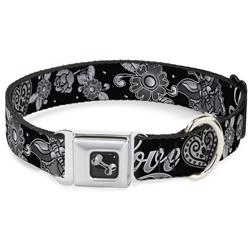 Dog Bone Black/Silver Seatbelt Buckle Collar - Love Kills Black/White
