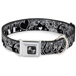 Dog Bone Black/Silver Seatbelt Buckle Collar - Love Love Black/White