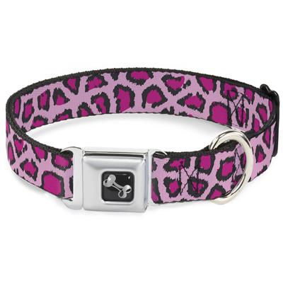 Dog Bone Black/Silver Seatbelt Buckle Collar - Leopard CLOSE-UP Pink