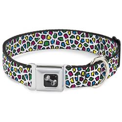 Dog Bone Black/Silver Seatbelt Buckle Collar - Leopard White/Multi Color