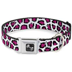 Dog Bone Black/Silver Seatbelt Buckle Collar - Leopard White/Fuchsia