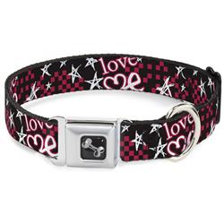 Dog Bone Black/Silver Seatbelt Buckle Collar - Love Me w/Sketch Stars & Checkers Black/Fuchsia/White